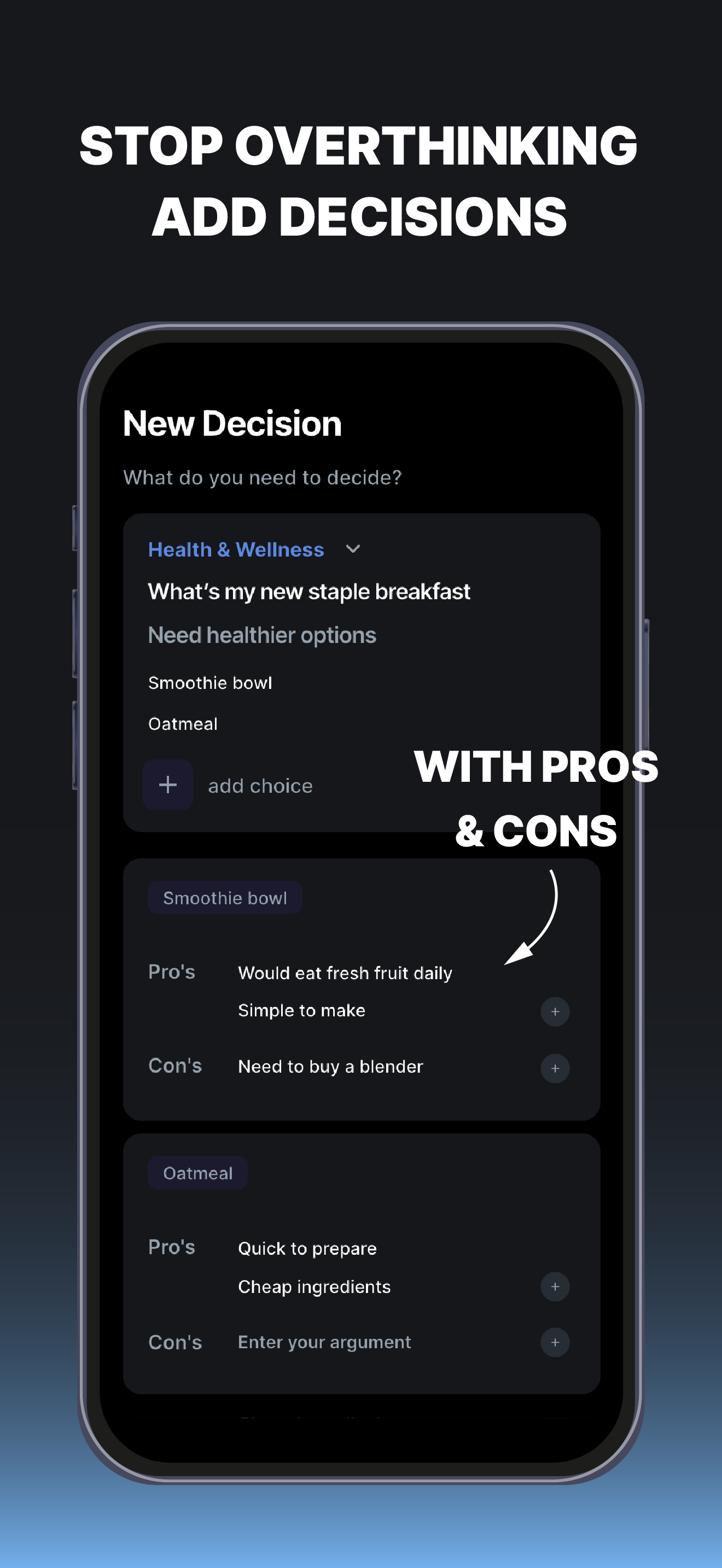 Decision IO App Store screenshot: Stop overthinking, add decisions