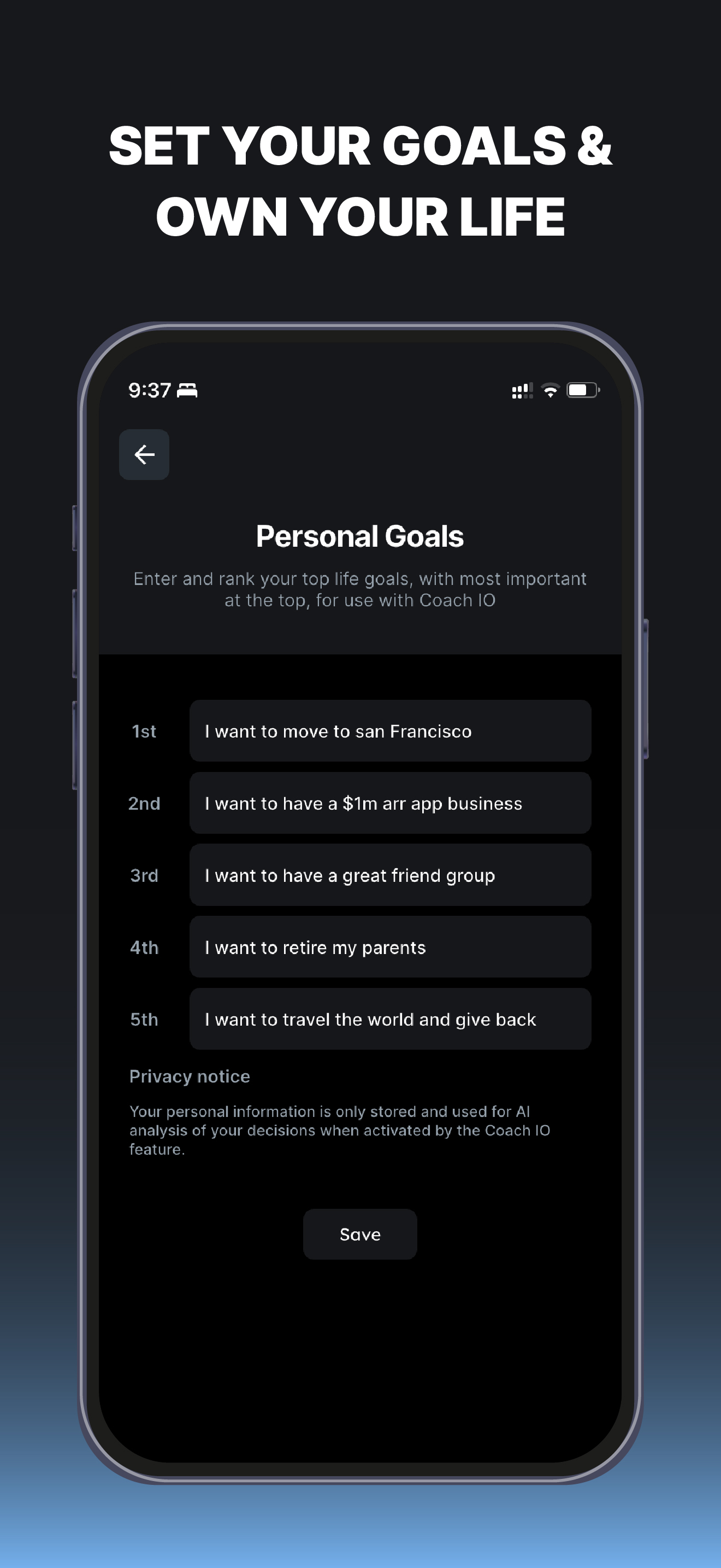 Decision IO App Store screenshot: Set your goals and own your life