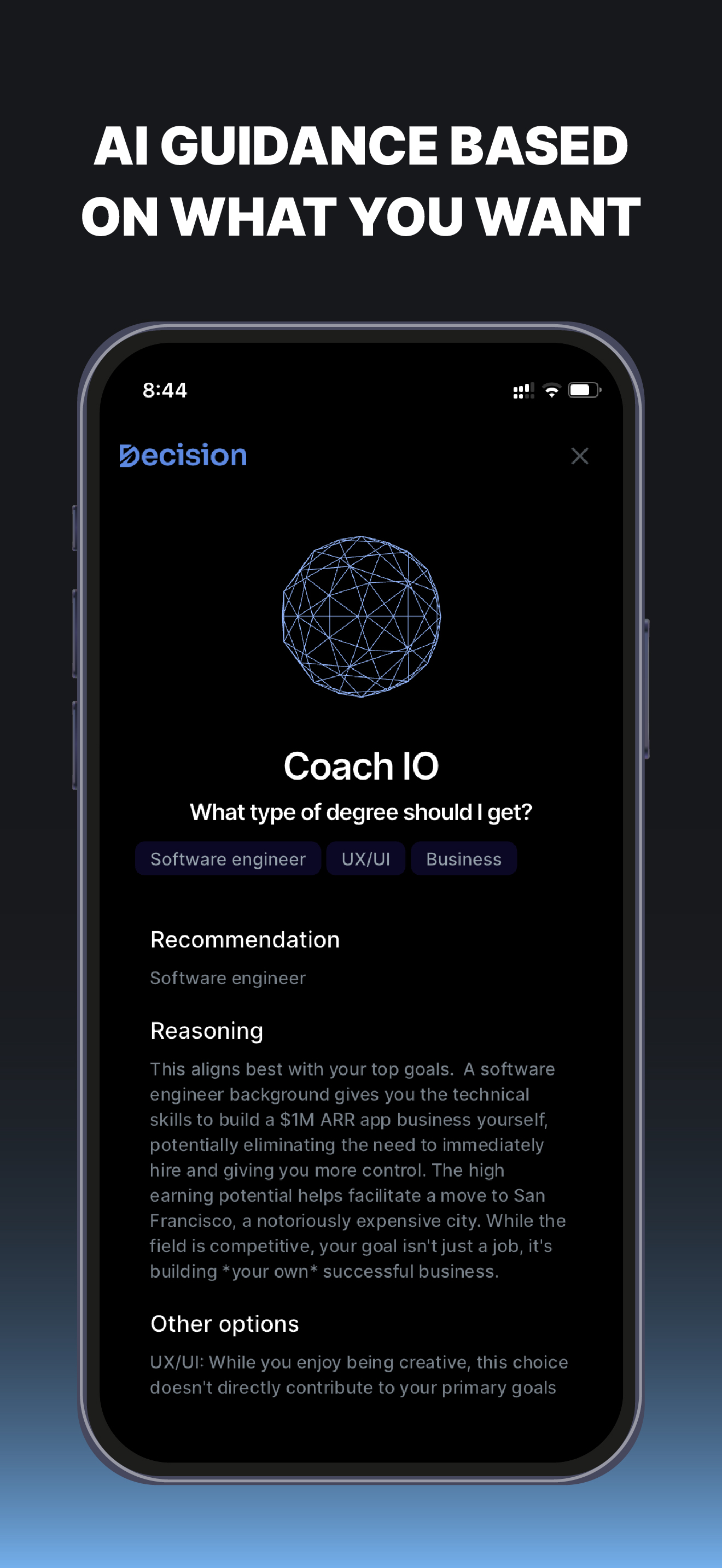 Decision IO App Store screenshot: AI guidance based on what you want